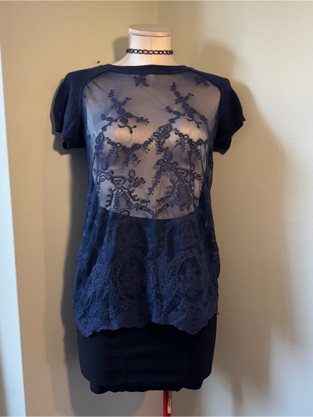 Joe Fresh Navy Lace Sheer Short Sleeve Top